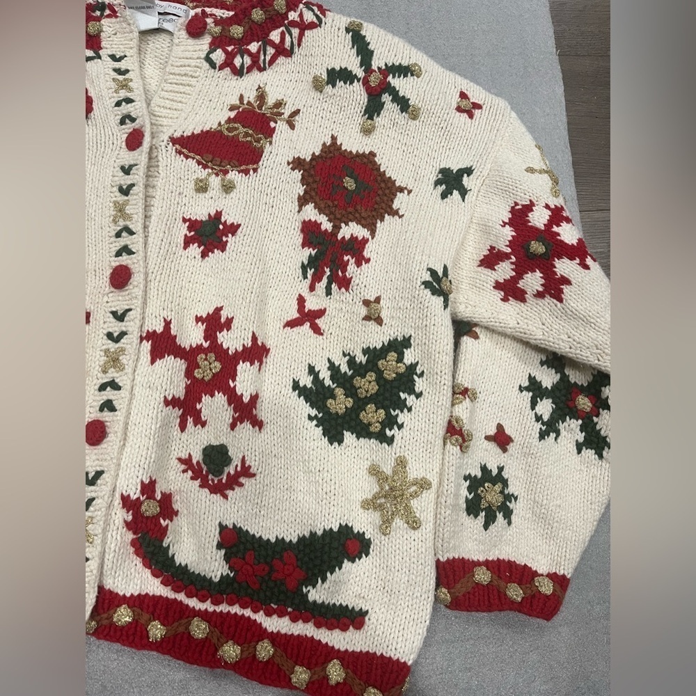 [L]VTG Jennifer Reed Holiday Ramie Blend Button Sweater Red Green Gold-As Is - Picture 8 of 10